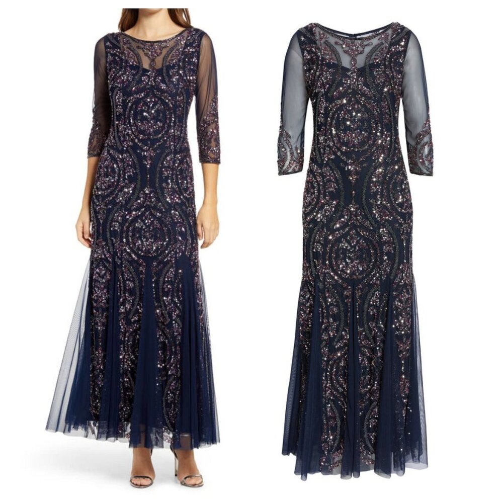 Pisarro Nights Sequin Beaded Illusion Mesh 3/4 Sleeve Gown Navy